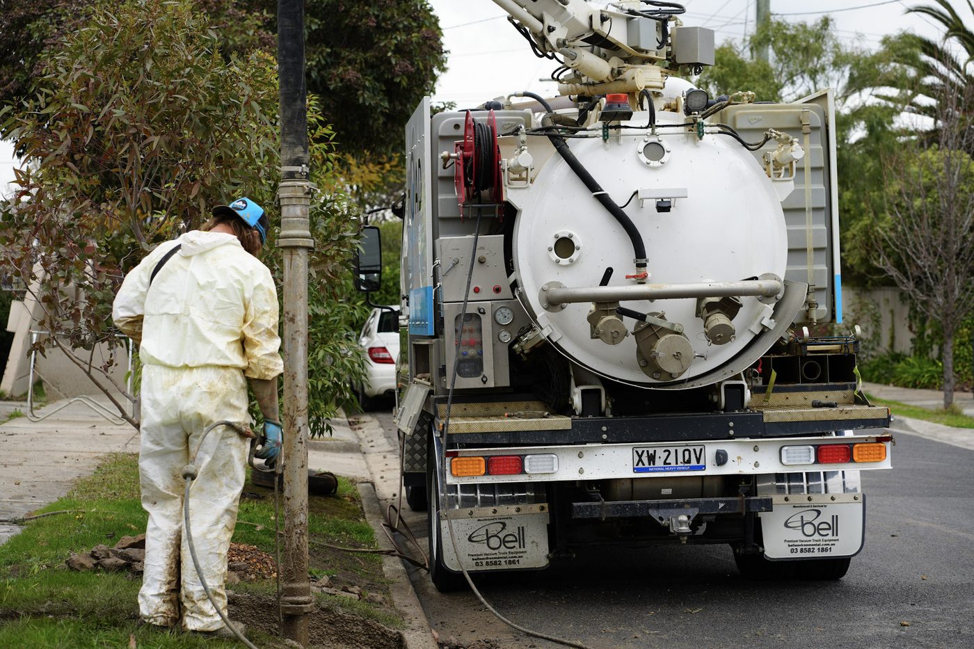 Rear of the Hoad Drainage vacuum excavation truck set up on a job.
